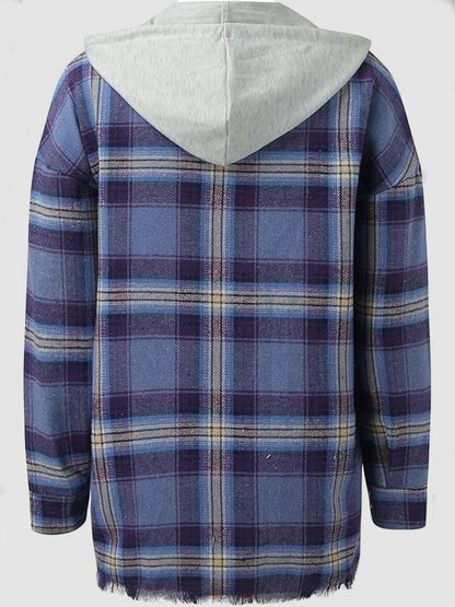 Raw Hem Plaid Long Sleeve Hooded Jacket