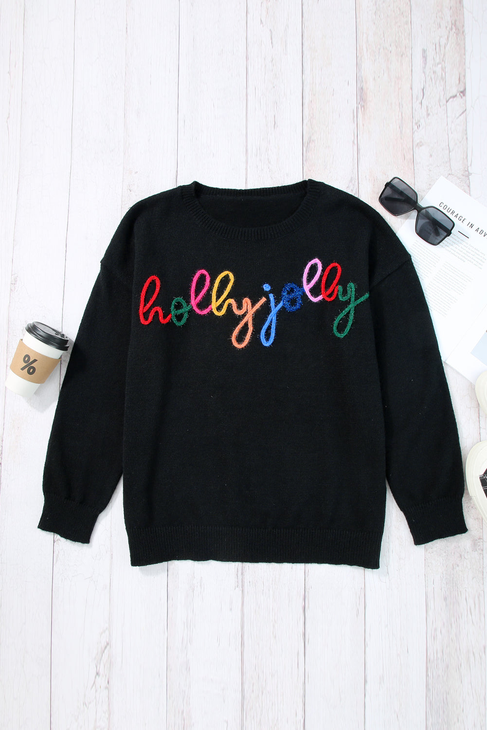 Black Holly Jolly Round Neck Casual Sweater