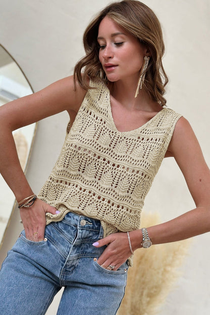 Apricot V Neck Hollow-out Knitted Vest