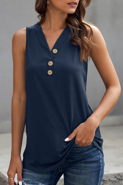 Button V Neck Casual Navy Blue Rib-Knit Tank Top for Women