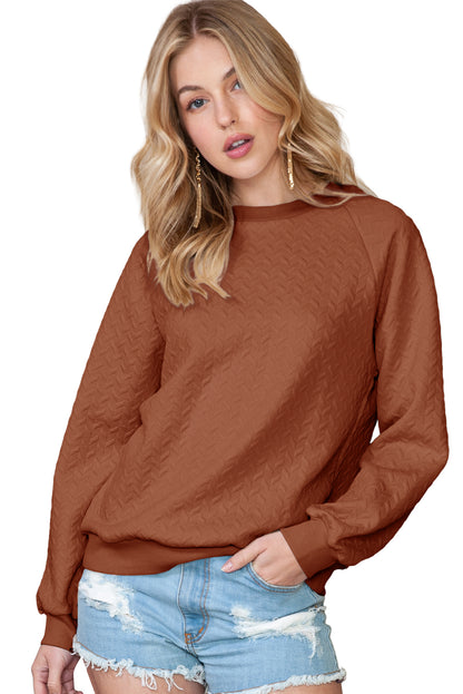 Beige Solid Color Textured Raglan Sleeve Pullover Sweatshirt