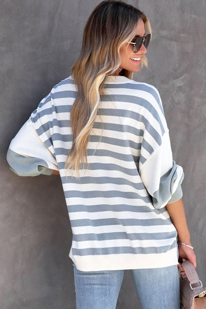 Black Striped Colorblock Drop Shoulder Pullover Sweatshirt