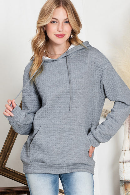 White Lattice Textured Kangaroo Pocket Drawstring Hoodie