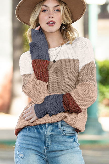 Chestnut Color Block Casual Knit Pullover Sweater