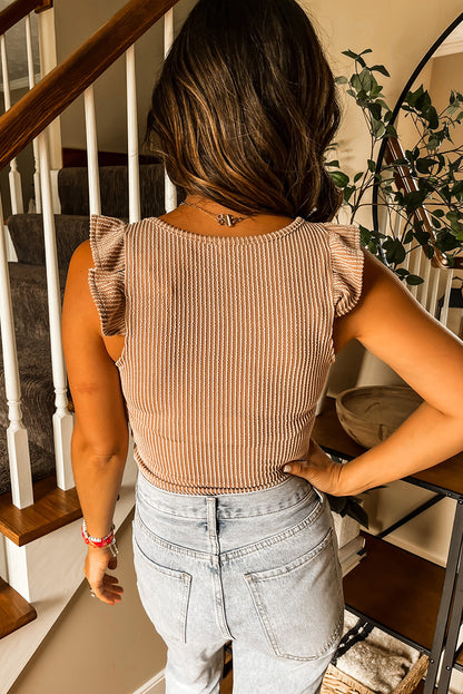 Light Beige Pit-Striped Ruffled Tank Top