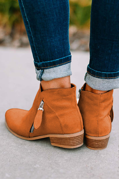 Orange Suede Pointed Toe Side Zipper Booties