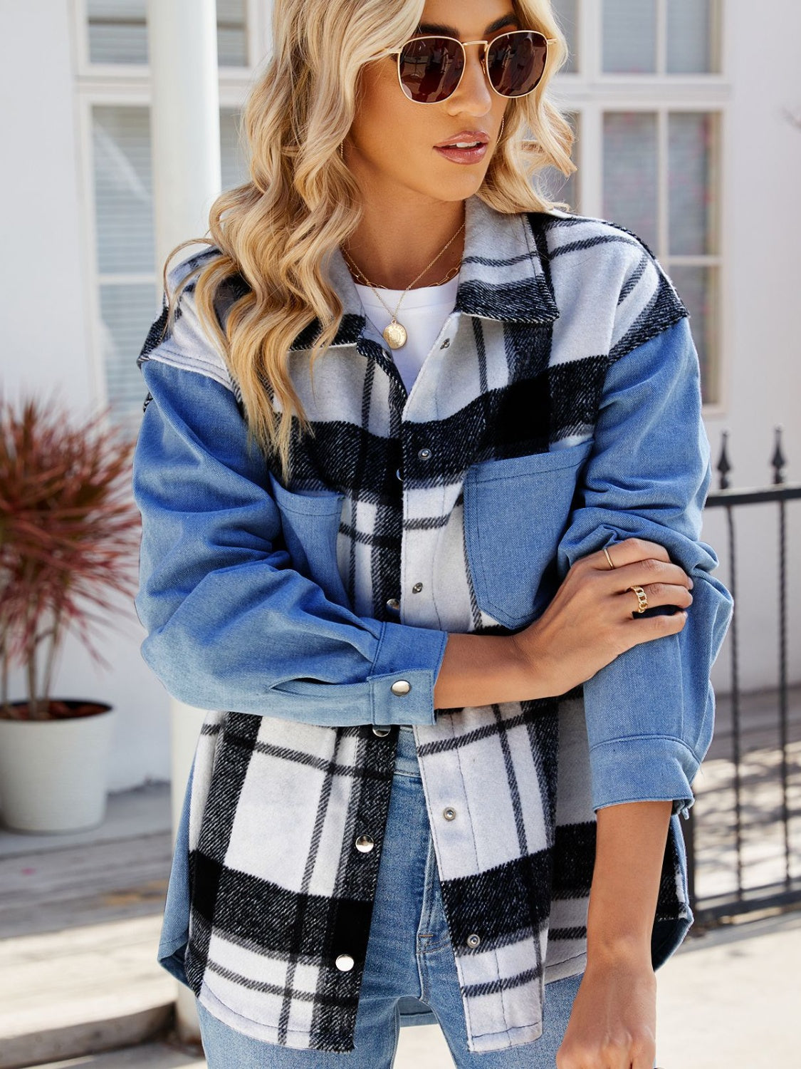 Pocketed Plaid Snap Down Denim Jacket