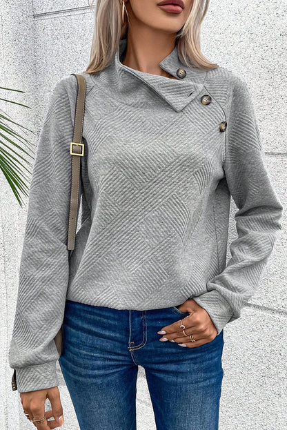 Apricot Solid Color Button Detail Textured Sweatshirt