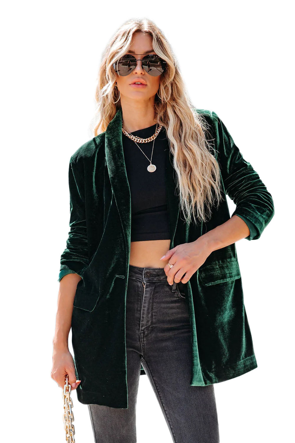 Green Lapel Collar Velvet Blazer with Flap Pockets