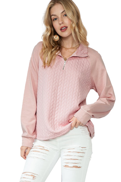 Apricot Powder Quilted Textured Quarter Zip Raglan Sleeve Sweatshirt