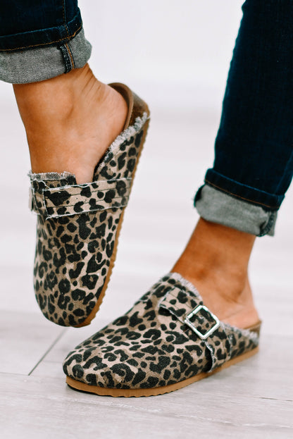 Cheetah Buckle Strap Frayed Canvas Slip On Slippers