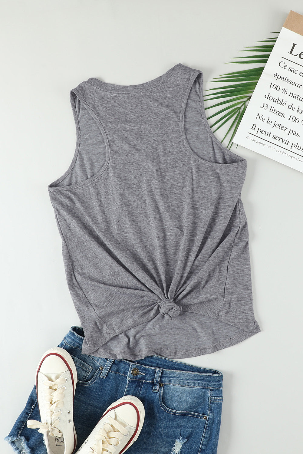 Gray Casual V Neck Racerback Tank Top With Pocket