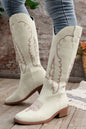Bright White Geometric Leather Embroidered Boots