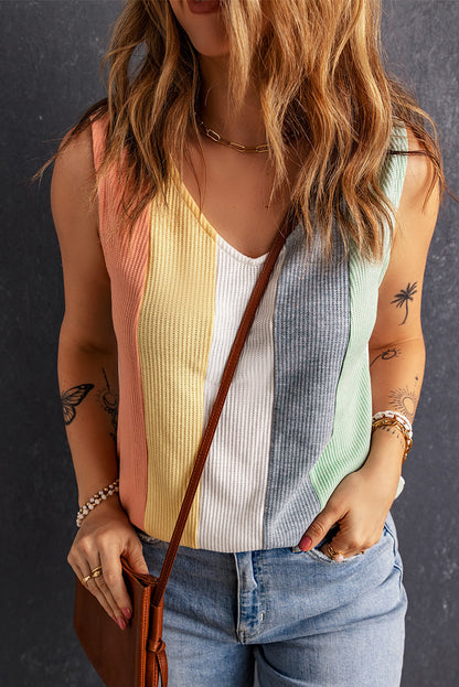 Multicolor Color Block Casual V Neck Waffle Knit Tank Top