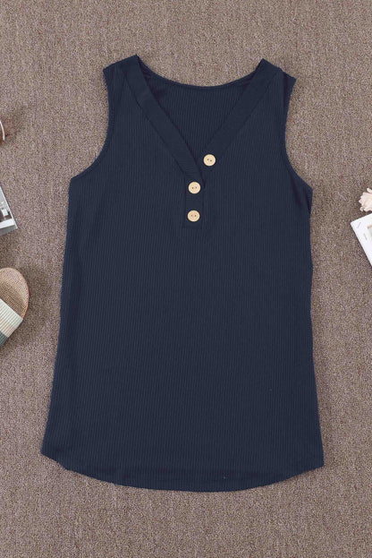 Button V Neck Casual Navy Blue Rib-Knit Tank Top for Women