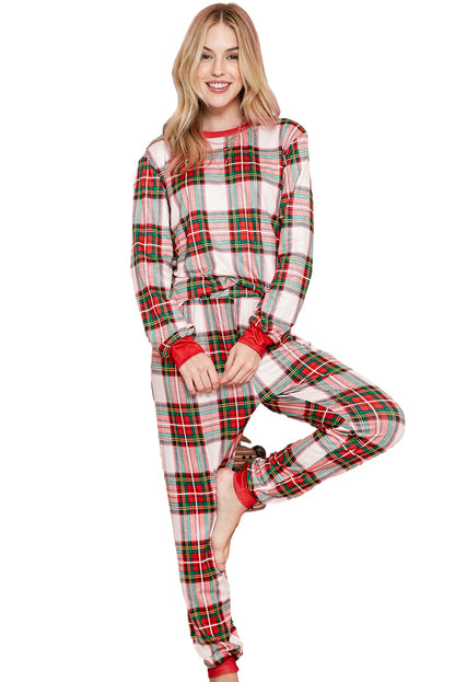 Red Christmas Plaid Patchwork Sleeve Loungewear Set