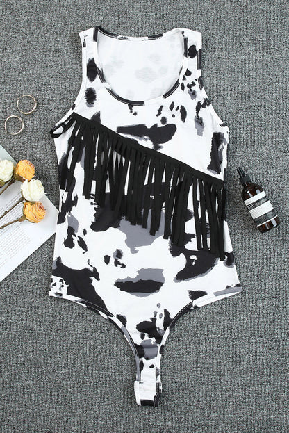 Black Animal Print Fringe Cowprint Bodysuit