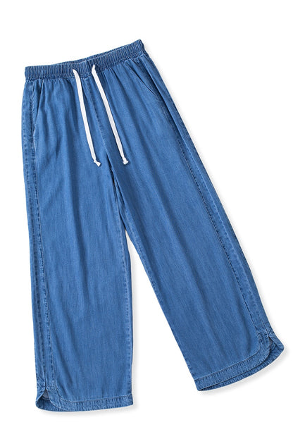 Sky Blue Drawstring Waist Loose Wide Leg Pants