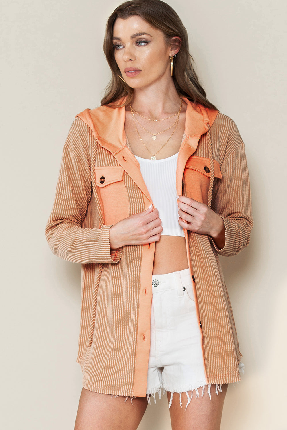 Apricot Flap Pockets Patchwork Hooded Ribbed Shacket