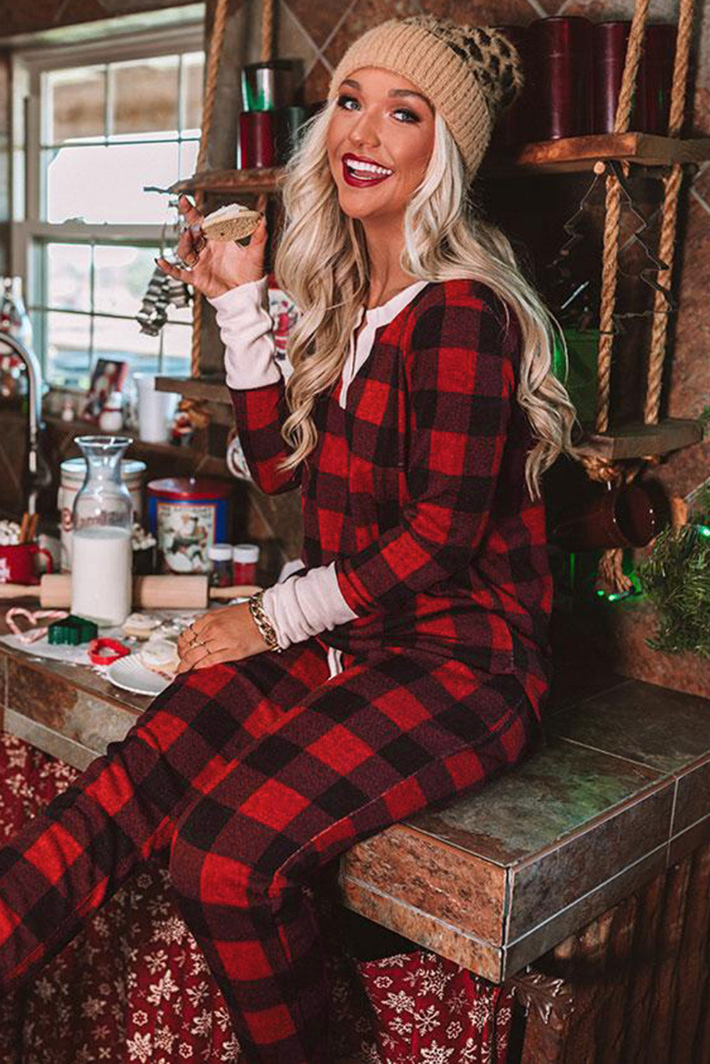 Red Christmas Plaid Long Sleeve Top & Pants Loungewear Set