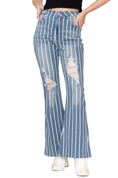 Sky Blue Vertical Striped Ripped Flare Jeans