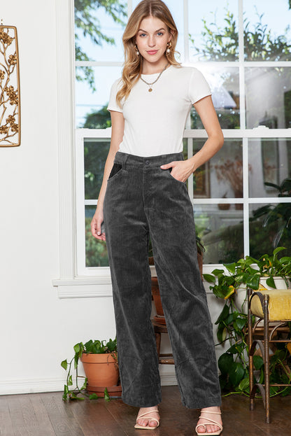 Grey Corduroy High Waisted Wide Leg Pants for Women