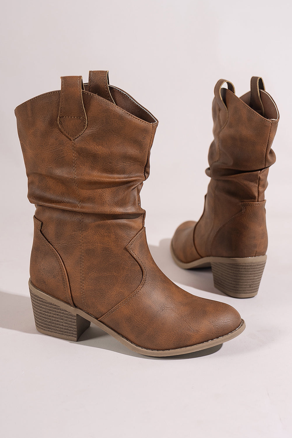 Chestnut Pleated Leather Block Heel Boots
