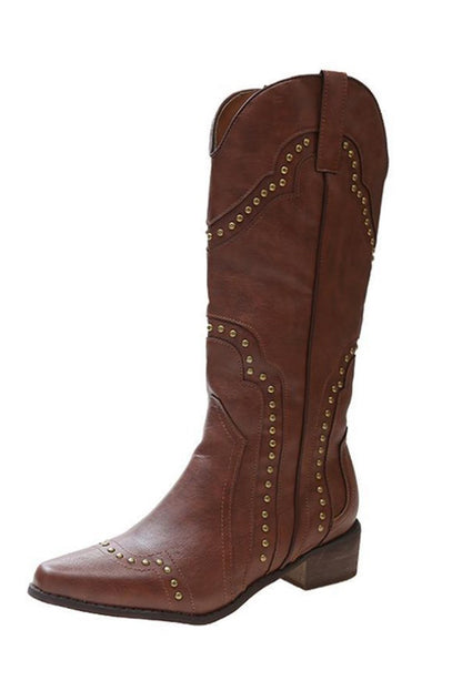 Brown Vintage Rivet Studded Faux Leather Boots