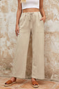 Khaki Drawstring Waist Crinkled Wide Leg Pants