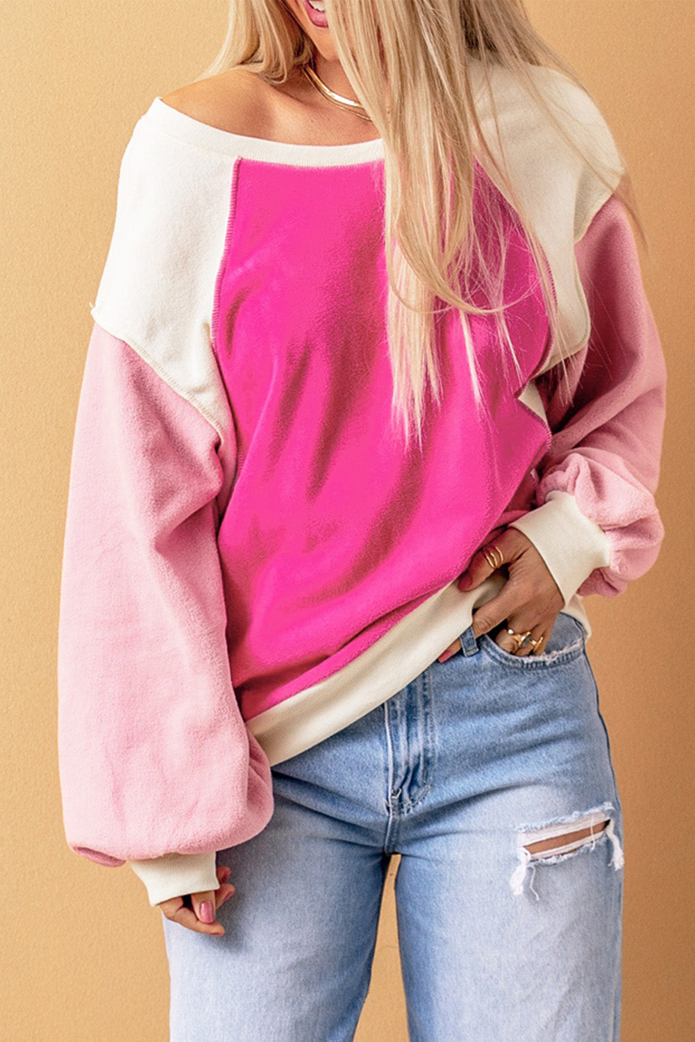 Rosy Colorblock Casual Seam Plush Pullover Sweatshirt