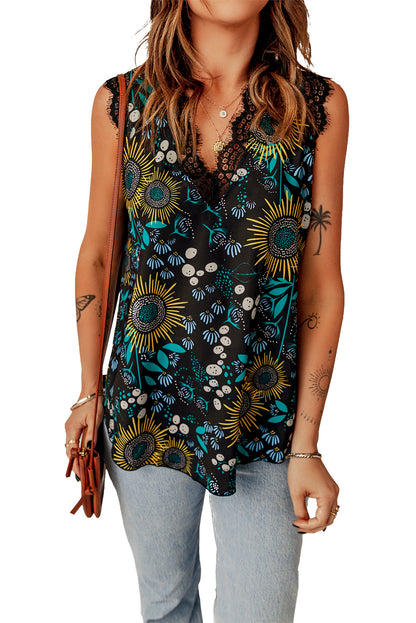 Black Casual V Neck Lace Trim Floral Tank Top