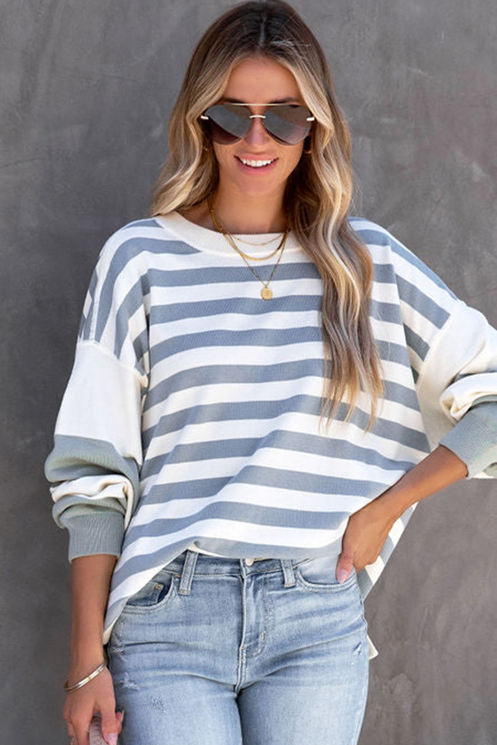 Black Striped Colorblock Drop Shoulder Pullover Sweatshirt