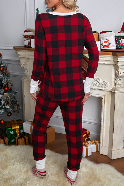 Red Christmas Plaid Long Sleeve Top & Pants Loungewear Set