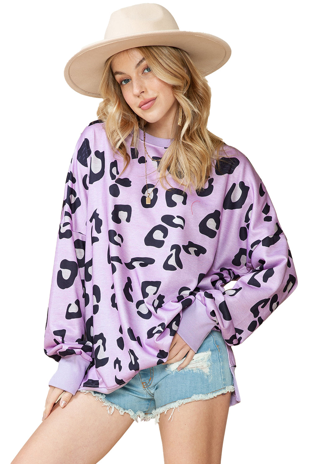 Leopard Print Drop Shoulder Slit Oversized Sweatshirt