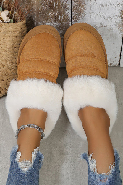 Camel Plush Suede Patchwork Thick Sole Slippers