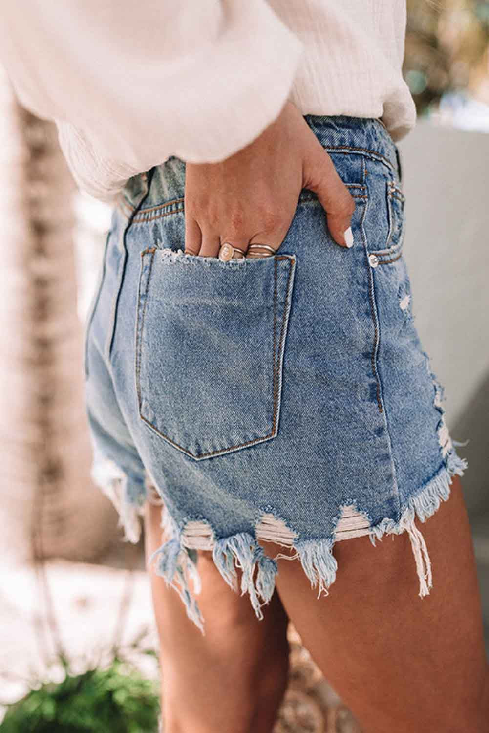 Blue Light Wash Distressed High Waisted Denim Shorts