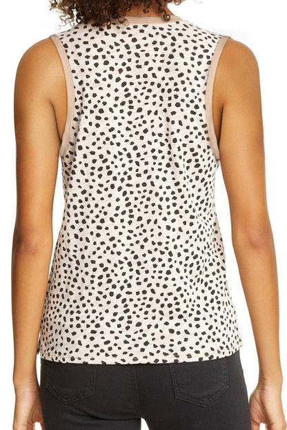 Leopard Contrast Trim Casual Round Neck Tank Top