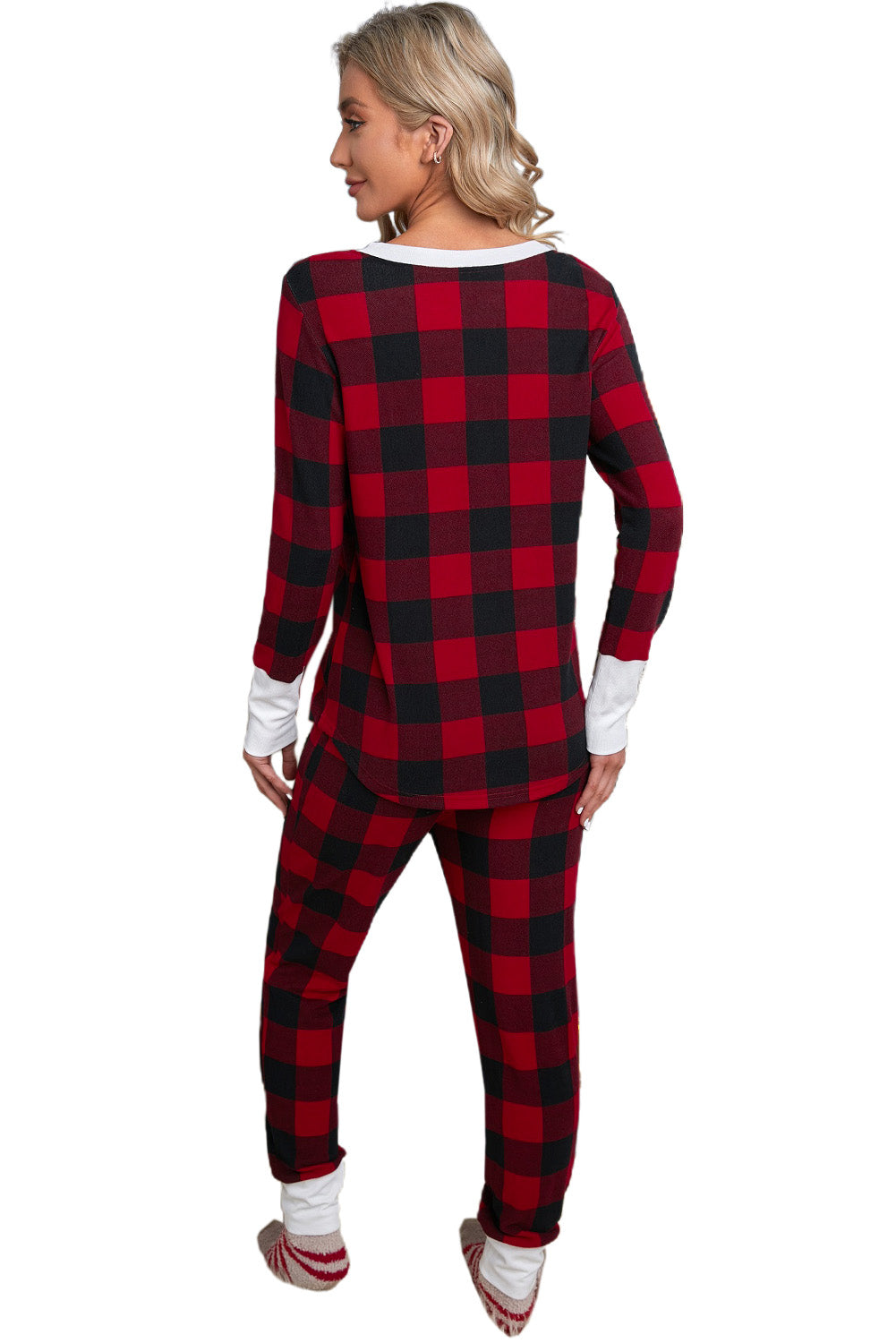 Red Christmas Plaid Long Sleeve Top & Pants Loungewear Set