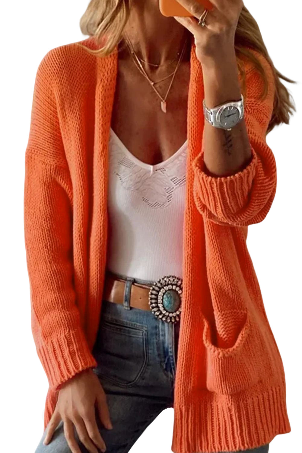 Orange Pockets Open Front Knitted Cardigan