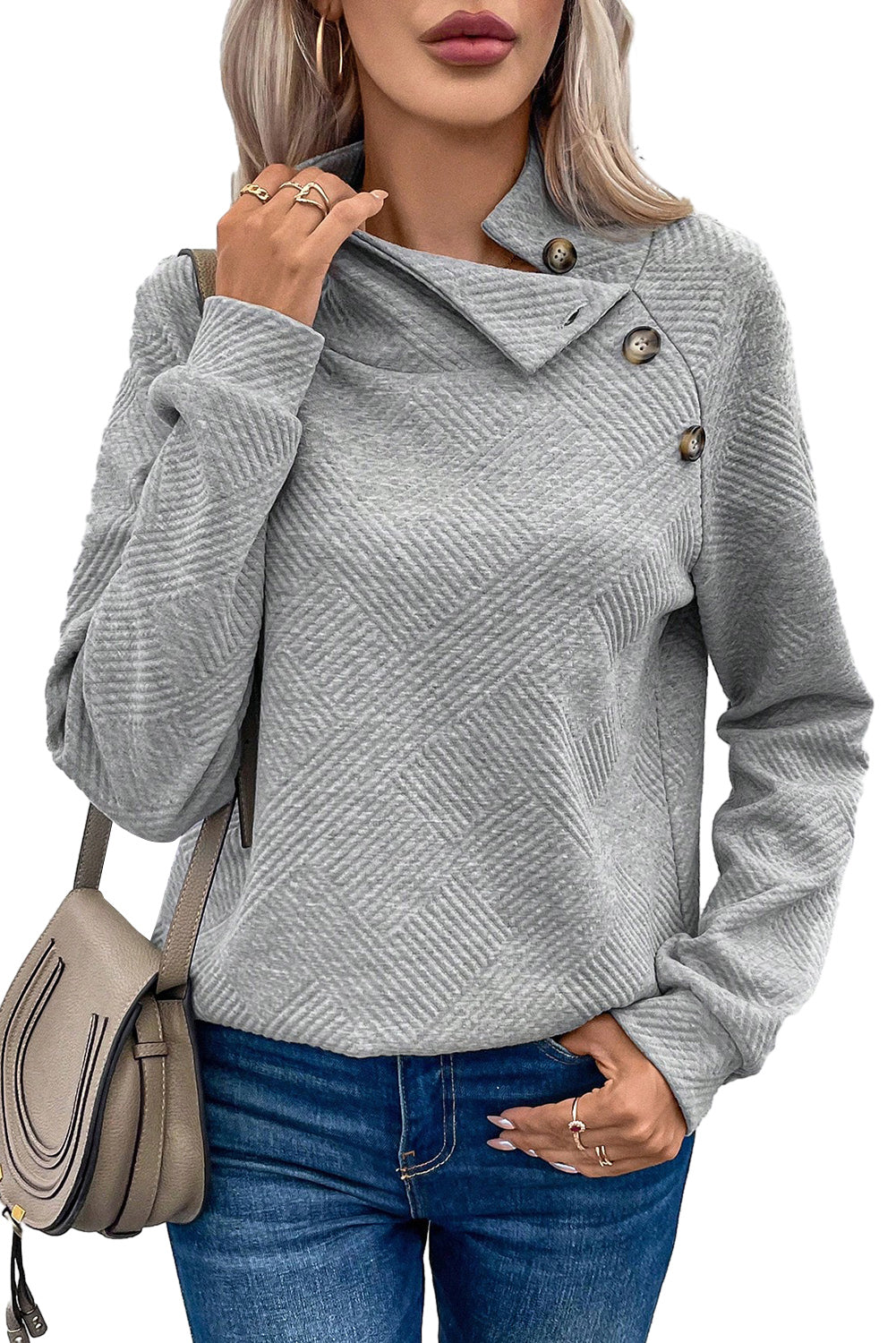 Apricot Solid Color Button Detail Textured Sweatshirt