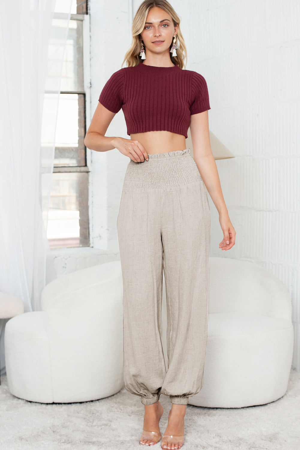 Apricot Smocked High Waist Loose Jogger Pants