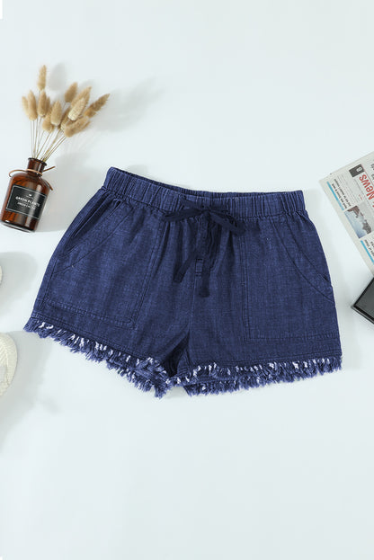 Black Casual Drawstring Pocketed Frayed Hem Denim Shorts