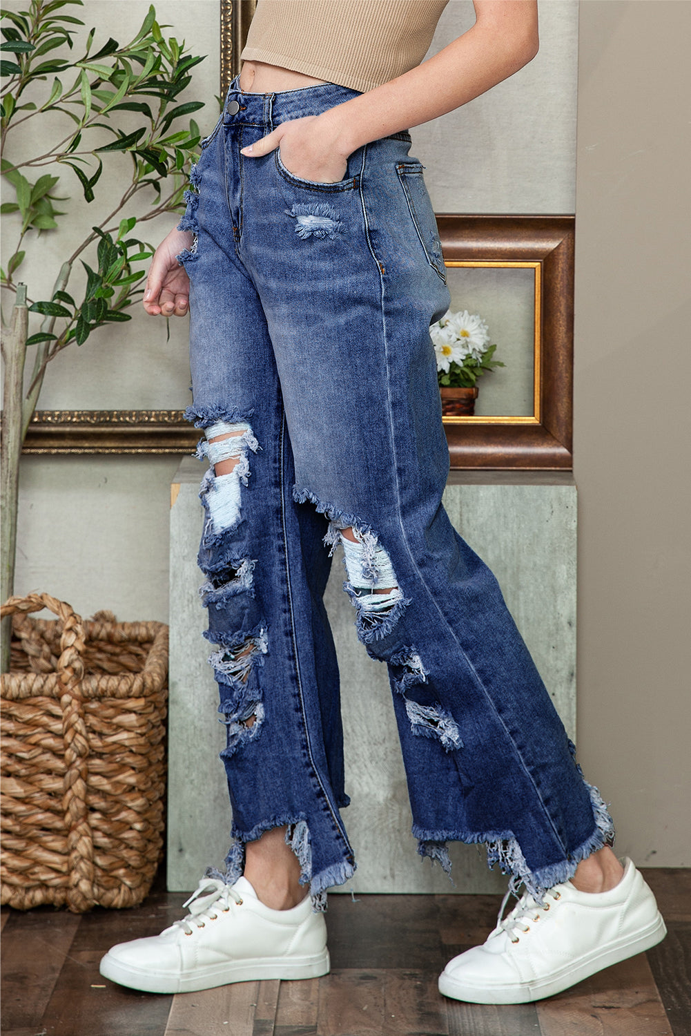 Sky Blue Heavy Destroyed Raw Hem Wide Leg Jeans