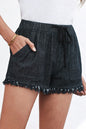 Black Casual Drawstring Pocketed Frayed Hem Denim Shorts