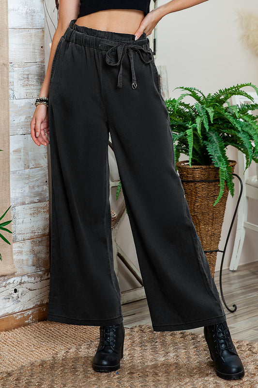 Black Elastic High Waisted Wide Leg Pants with Pockets