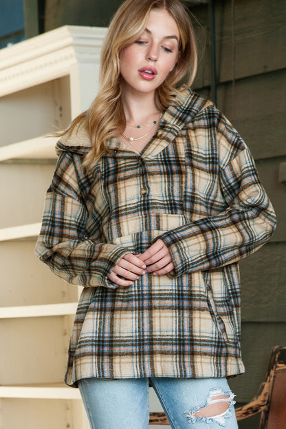 Khaki Plaid Button Neck Pocketed Pullover Hoodie