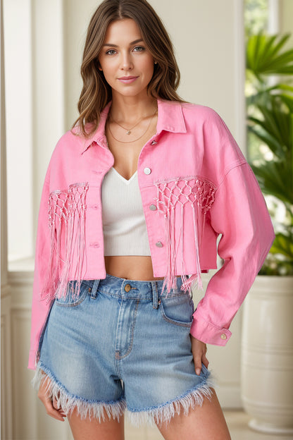 Tassel Sequin Letter Long Sleeve Denim Jacket