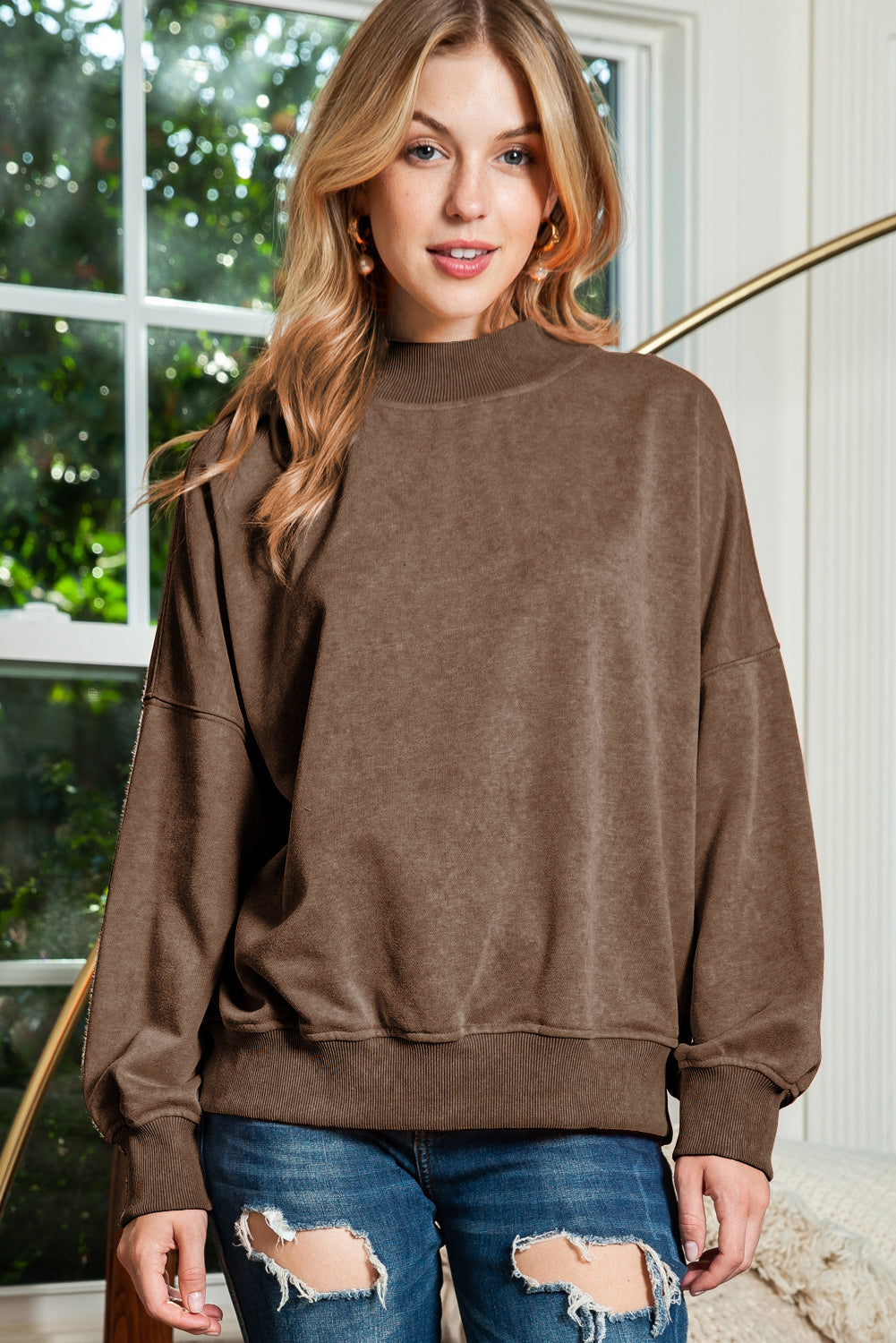 Green Light Plain Washed Drop Shoulder Pullover Sweatshirt