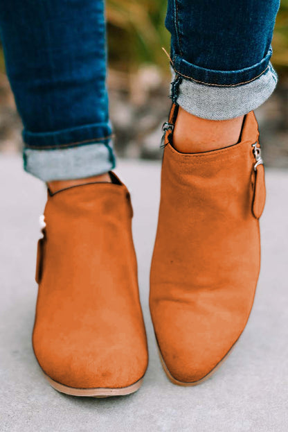 Orange Suede Pointed Toe Side Zipper Booties