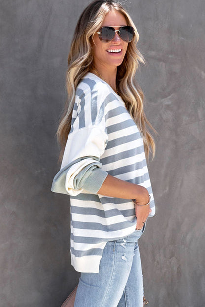 Black Striped Colorblock Drop Shoulder Pullover Sweatshirt